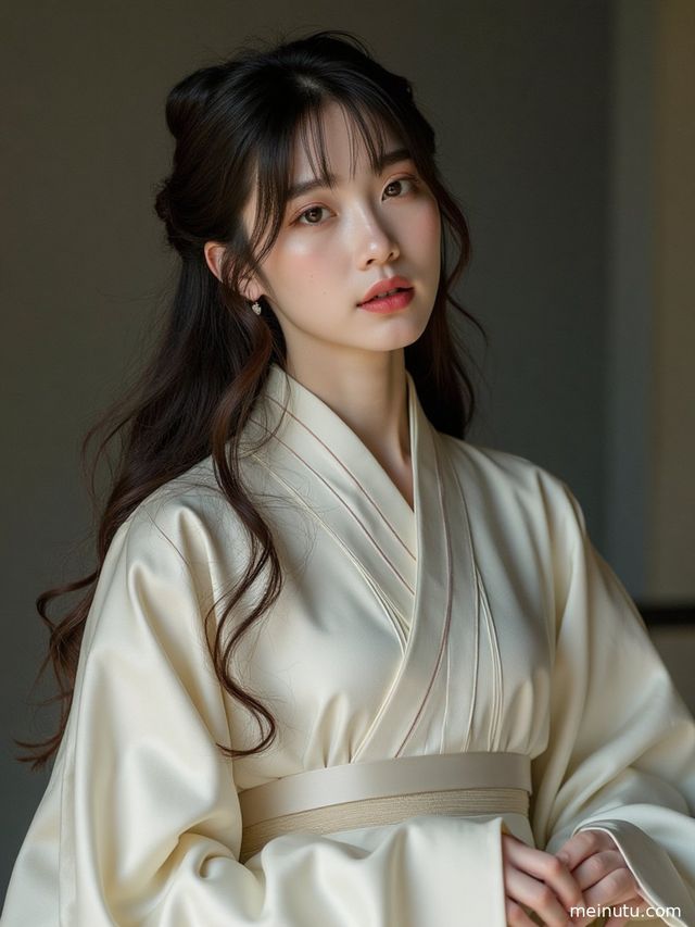 Adult woman in a magnificent Tang-style Hanfu, looking back in a palace courtyard, exuding noble elegance.