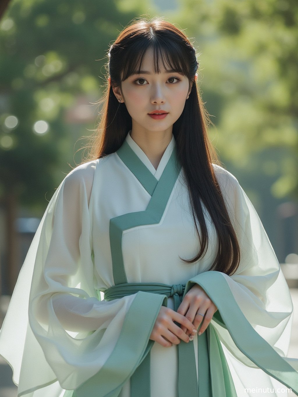 An adult woman in a red Tang-style Hanfu, dancing gracefully among bamboo, her skirt flowing.