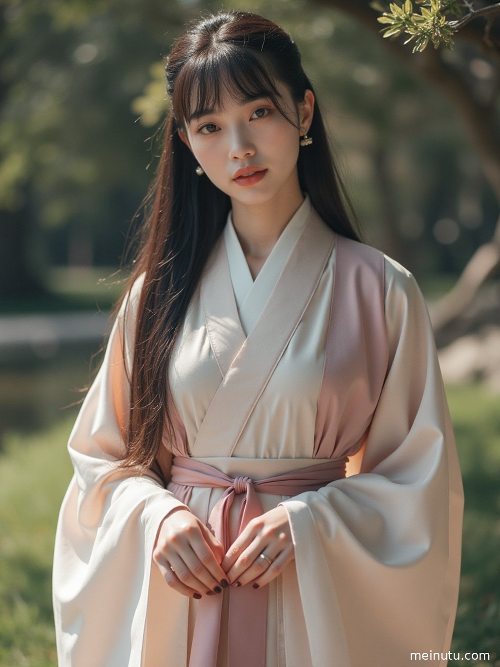 Close-up shot highlighting the exquisite embroidery and ornate golden accessories of the Tang-style Hanfu.