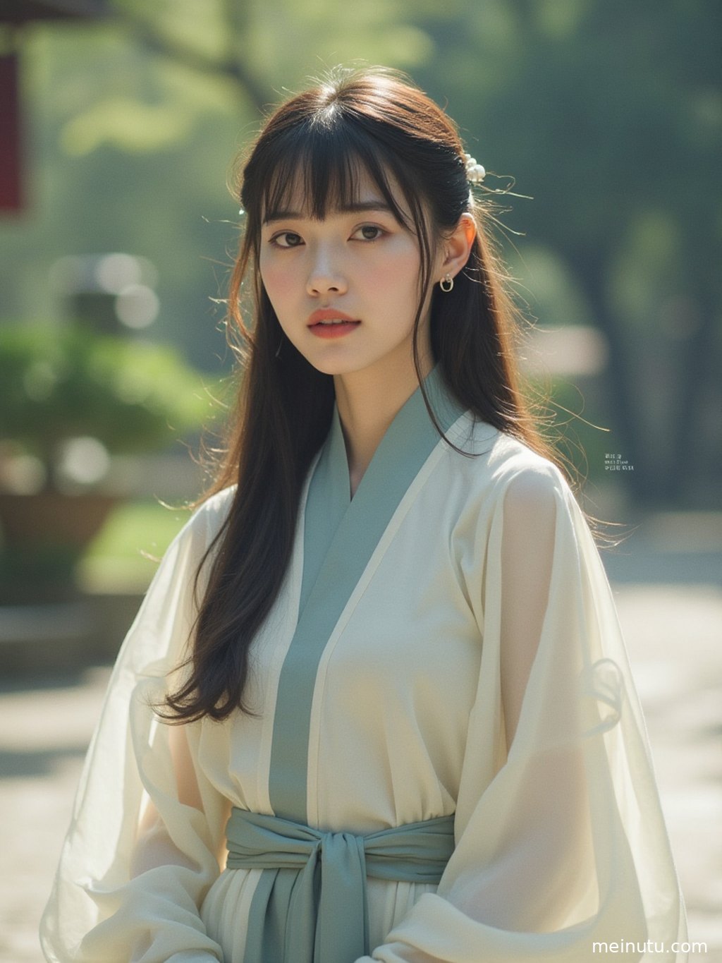 Adult woman in an antique tea house, holding a round fan, displaying the gentle and refined demeanor of a Tang Dynasty lady.
