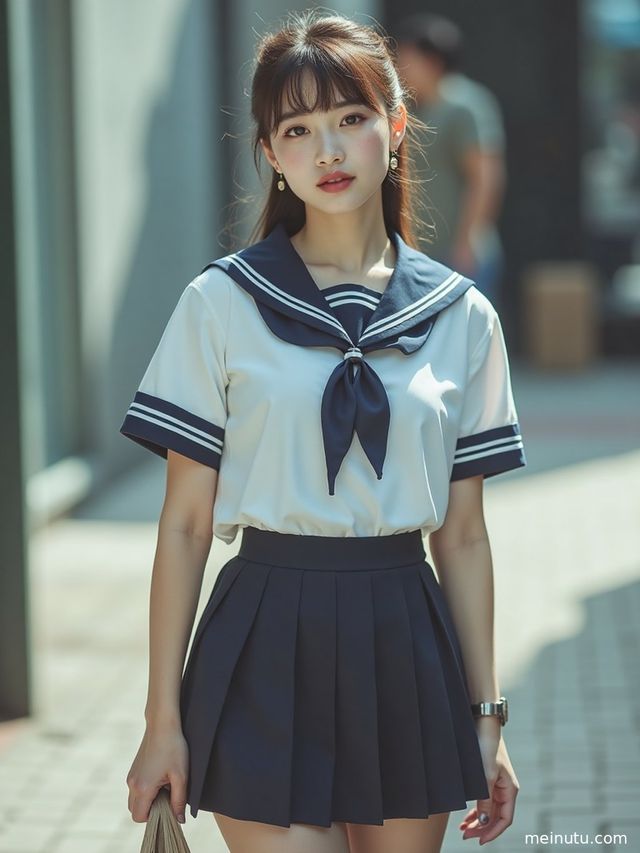 成年女性以全身构图呈现日系制服风格造型，画面突出服饰轮廓与整体氛围。