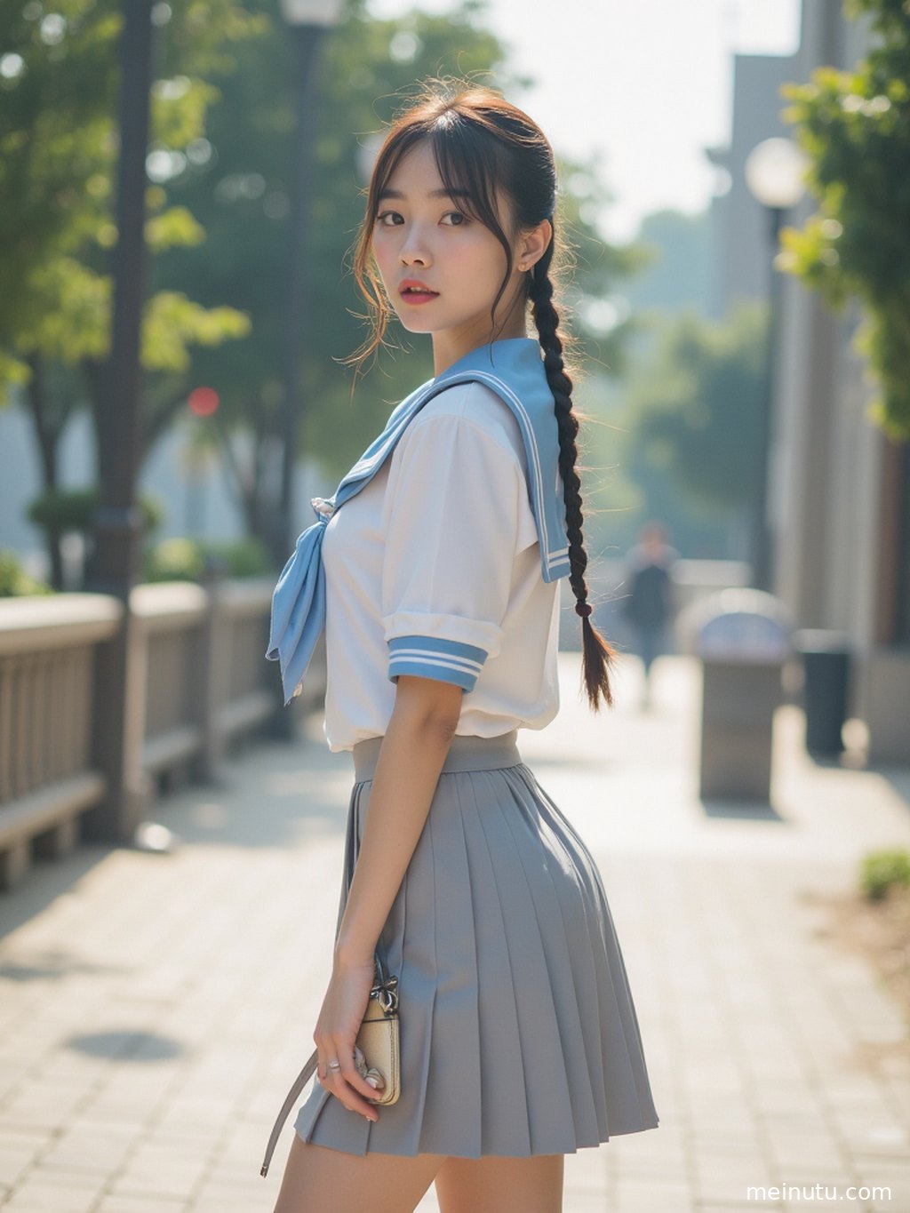 成年女性身着短裙JK，在柔和晨光中，定格纯净美好的瞬间。
