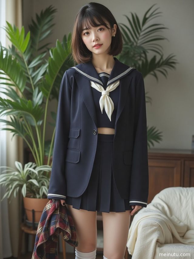 身着JK超短裙的年轻成年女子在花园中，光影在她身上投下斑驳的痕迹。