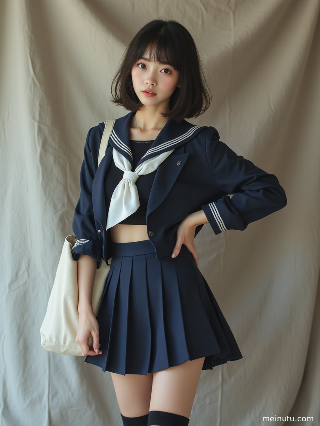 特写镜头下，JK超短裙的褶皱和面料质感在柔和光线下清晰可见。