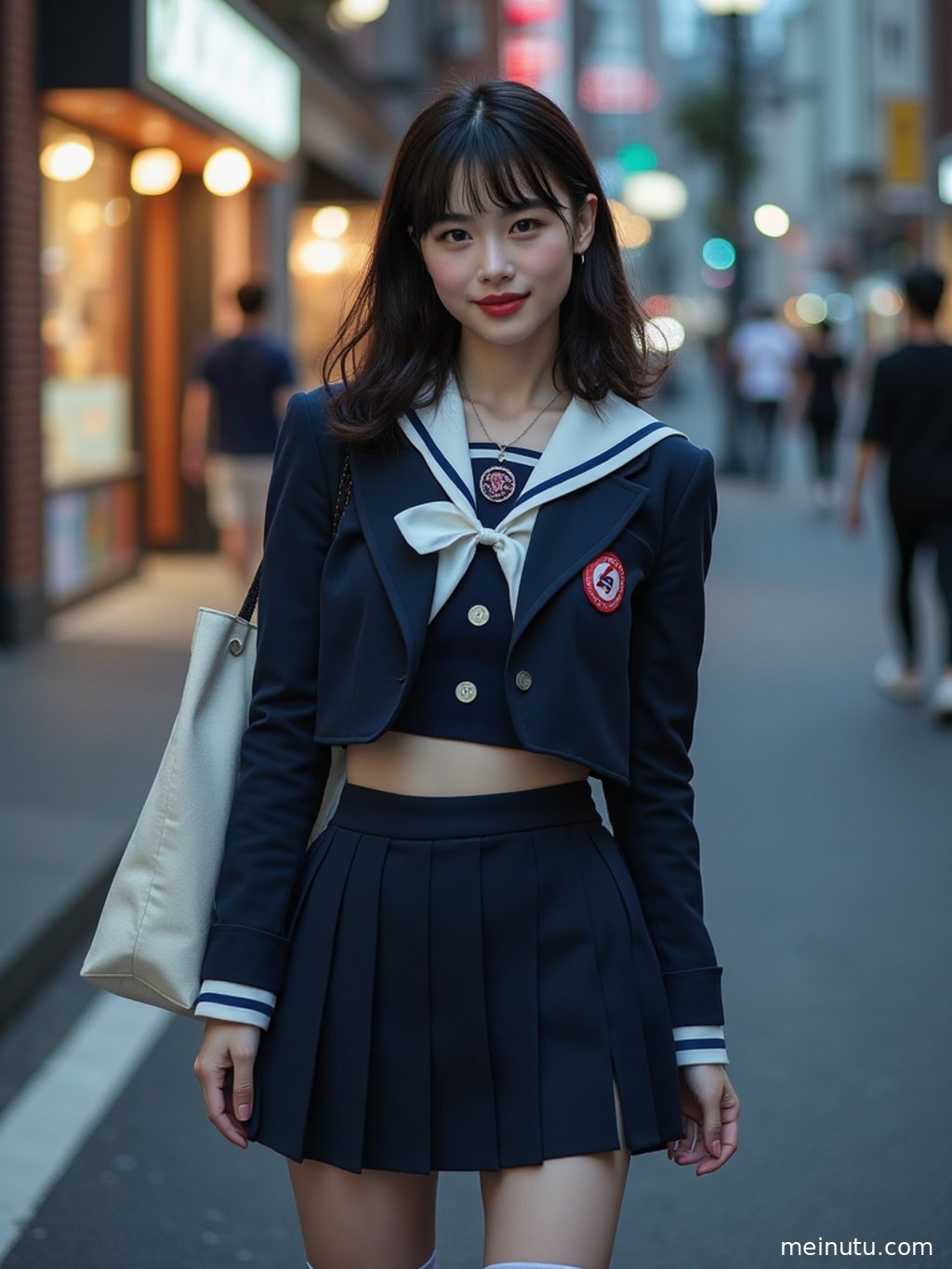 从低角度仰拍，JK超短裙的裙摆随着微风轻轻摆动，光线勾勒出动感的轮廓。