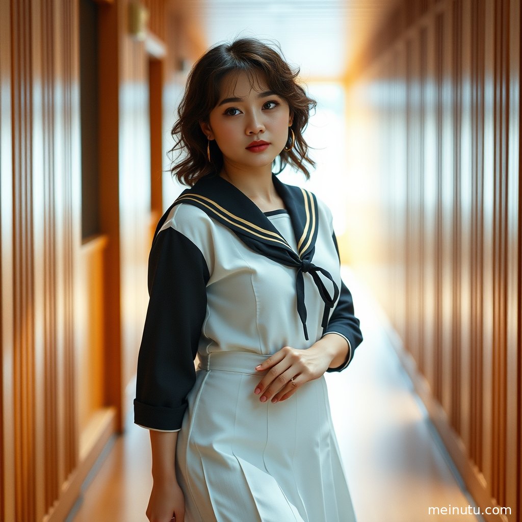 JK日系制服造型的近景特写，展现领口细节与柔和光影。