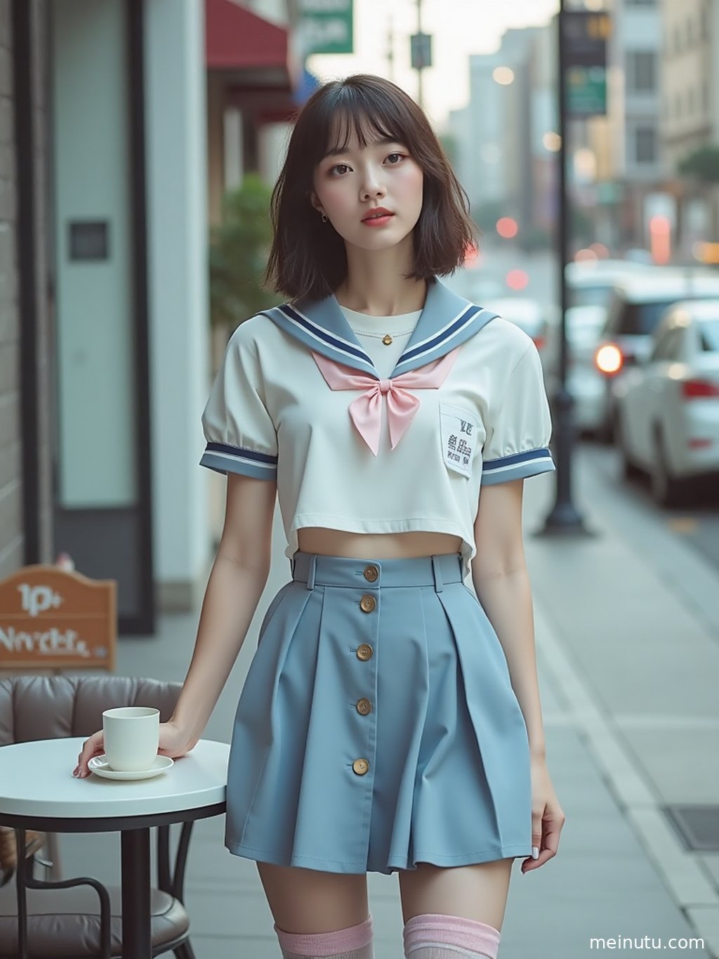 窗边光影下的JK制服成年女子，眼神清澈。