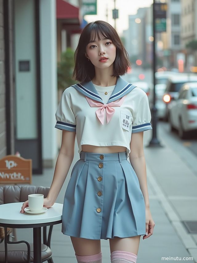窗边光影下的JK制服成年女子，眼神清澈。