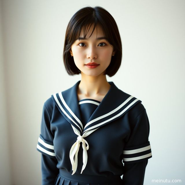 身着JK制服的成年女性在海边，柔和逆光下展现半身肖像。