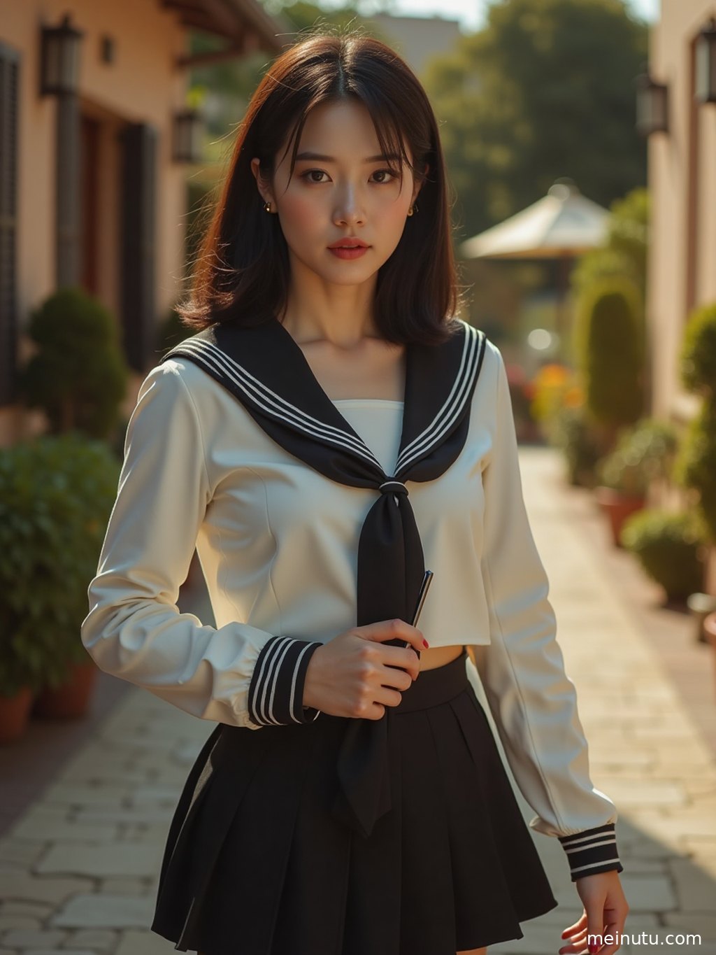 一位年轻成年女子身着经典JK制服，侧身站立，眼神清澈，画面充满自然光感。
