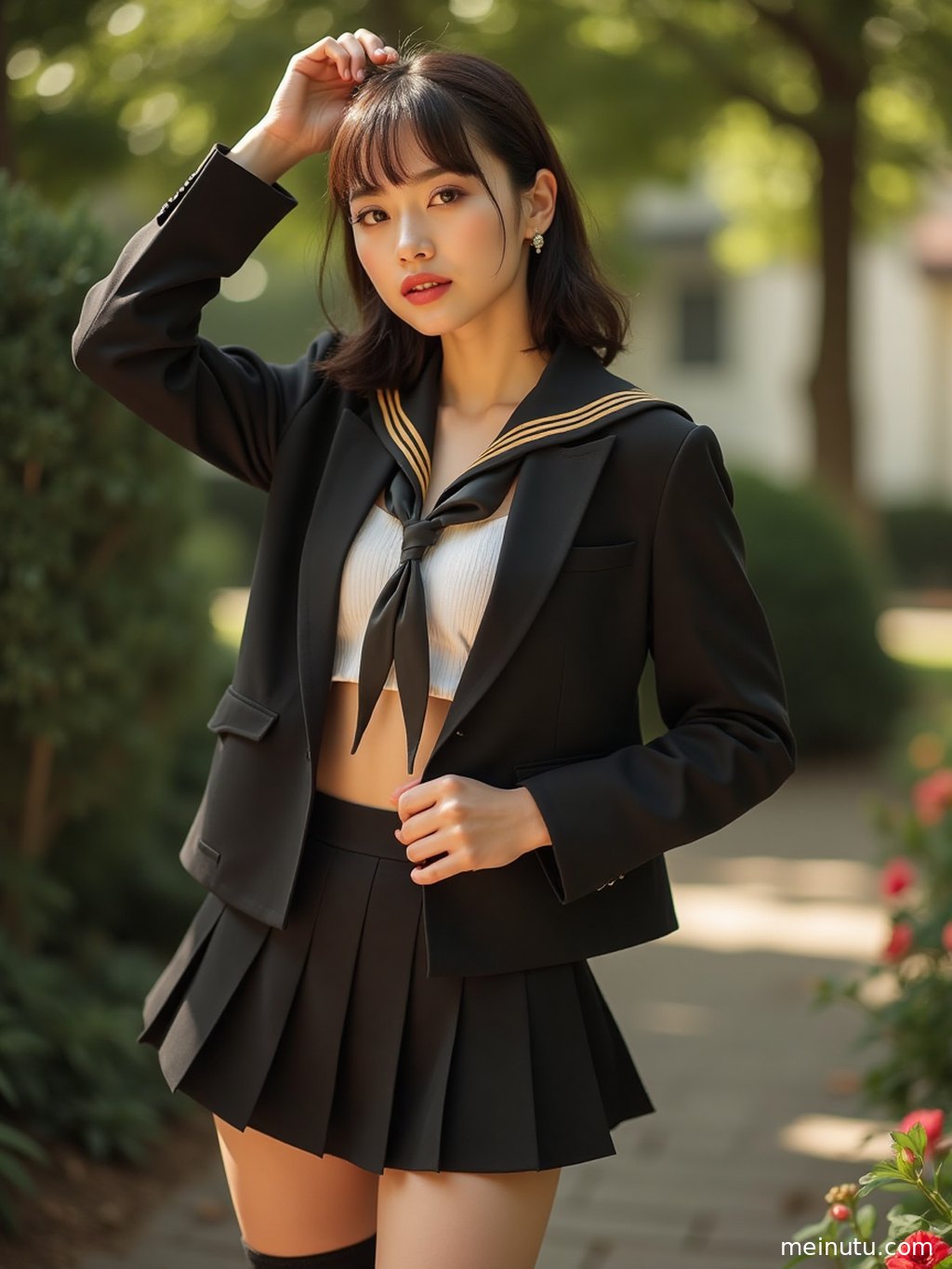 三位气质各异的成年女子穿着不同款式的JK制服，在白色背景下展现青春活力。