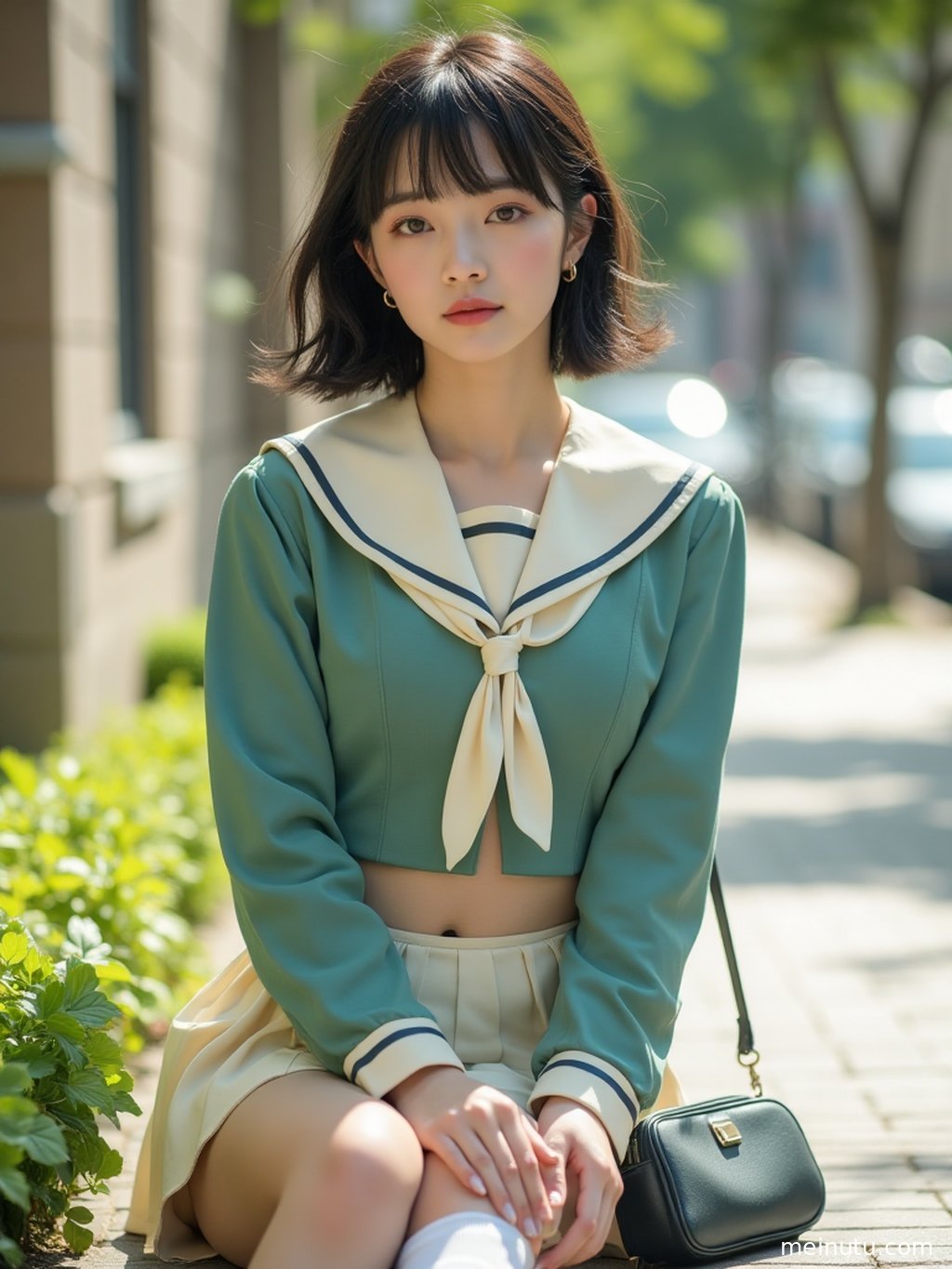 JK制服套装特写，展现面料质感与精巧设计，背景为复古走廊。