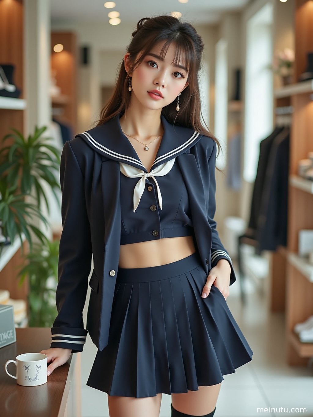成年女性以全身构图呈现日系制服风格造型，画面突出服饰轮廓与整体氛围。
