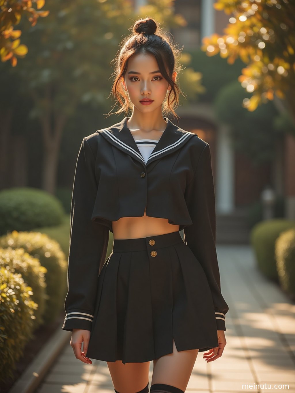 成年女性在柔和自然光下侧身回眸，展现jk制服正版 庭院 自然光的场景层次与光影。