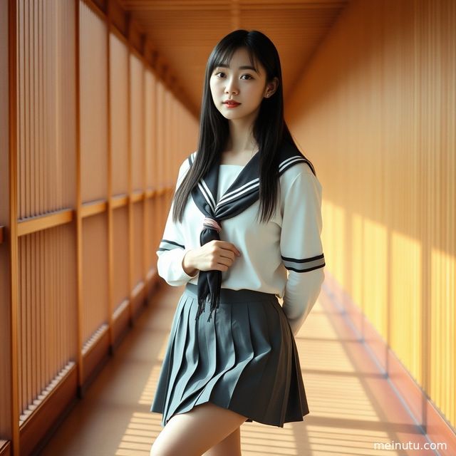 成年女性身着日系制服造型JK制服，沐浴在窗边柔和的光线下，眼神宁静。