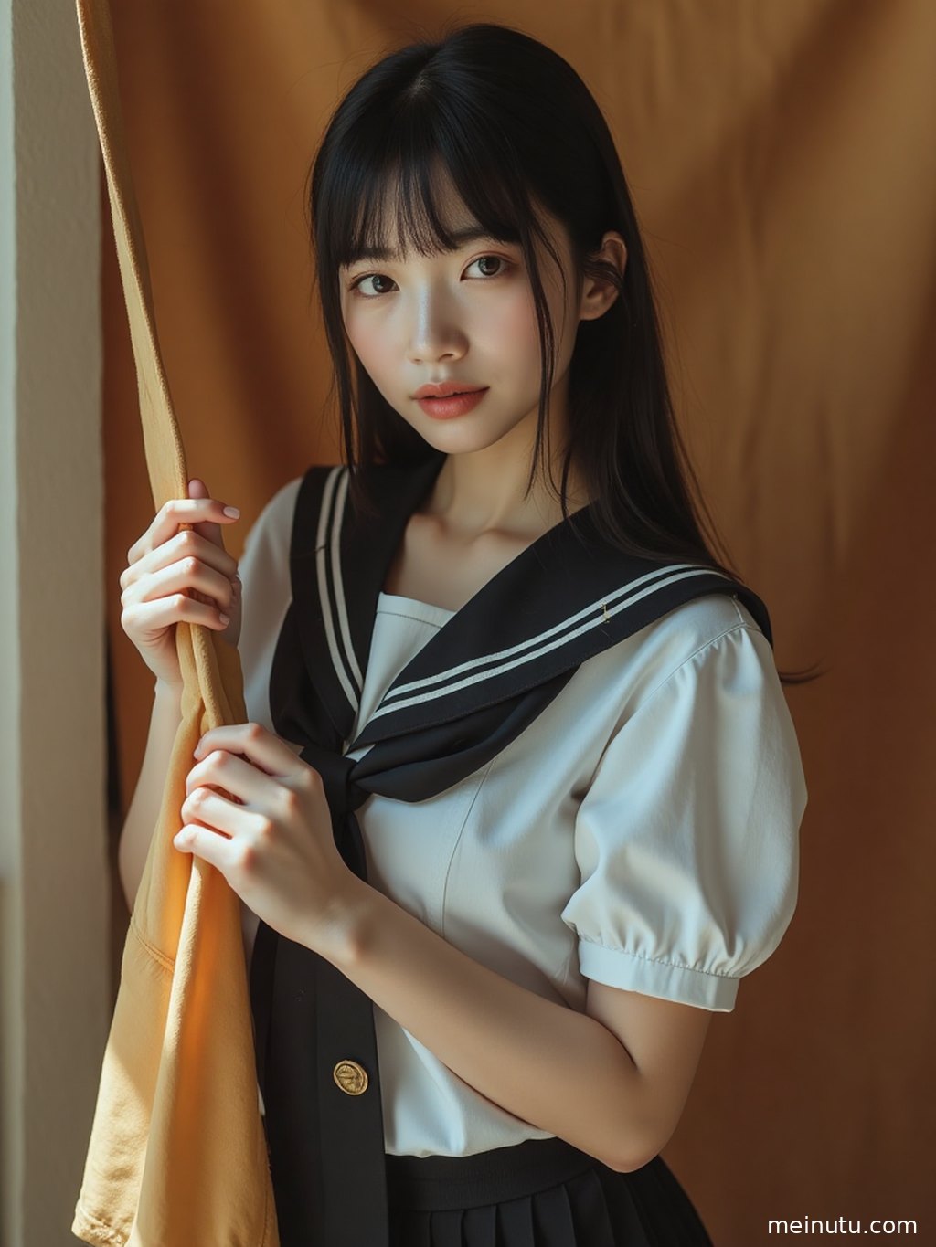 日系制服造型JK制服的细节特写，领巾褶皱与布料质感在光影下清晰可见。