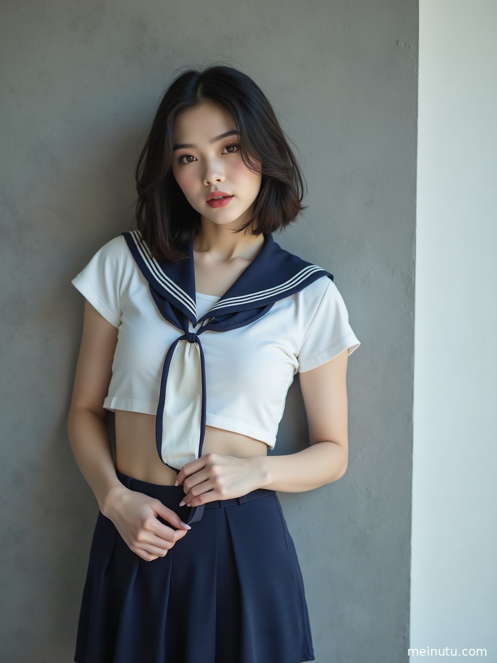 低角度拍摄，年轻成年女子穿着正版JK制服，在海边沙滩上漫步，光影斑驳。