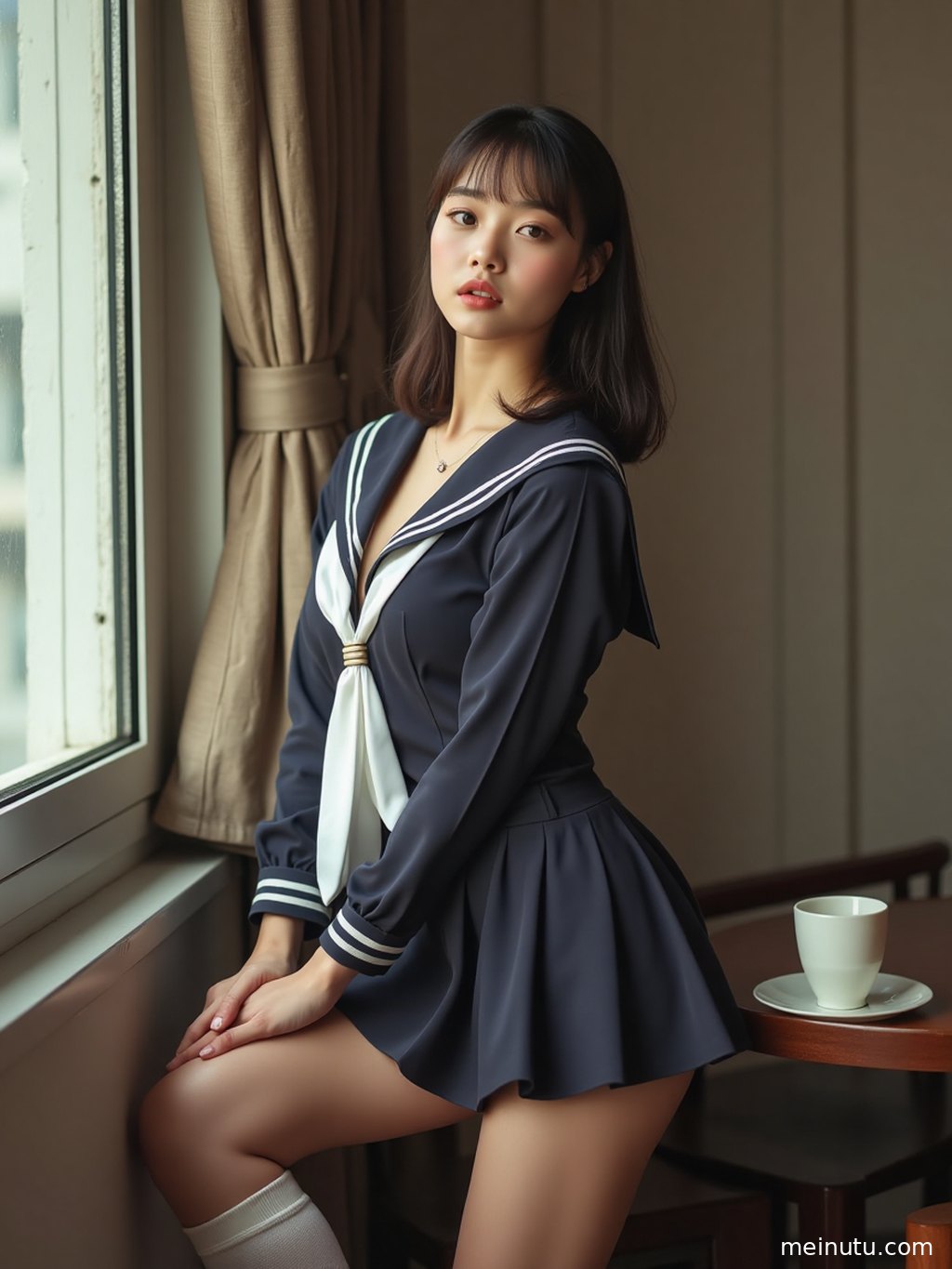 海浪轻拍，年轻成年女子立于海边礁石，正版JK制服随风飘动，画面唯美。