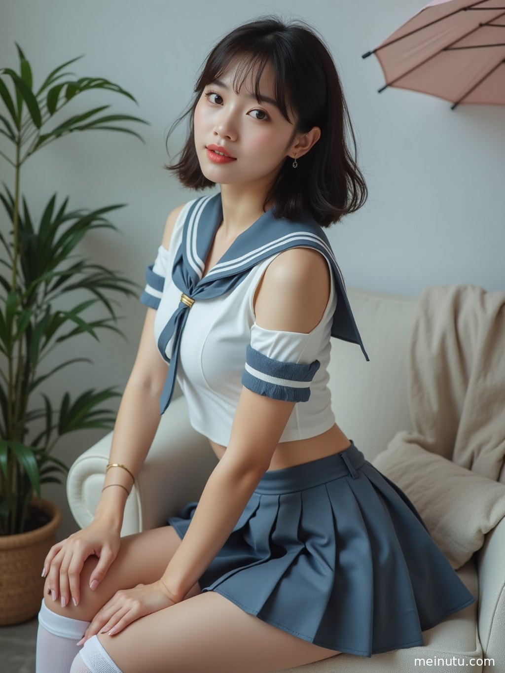 柔和的逆光勾勒出年轻成年女子身着正版JK制服的侧影，海天一色，意境深远。