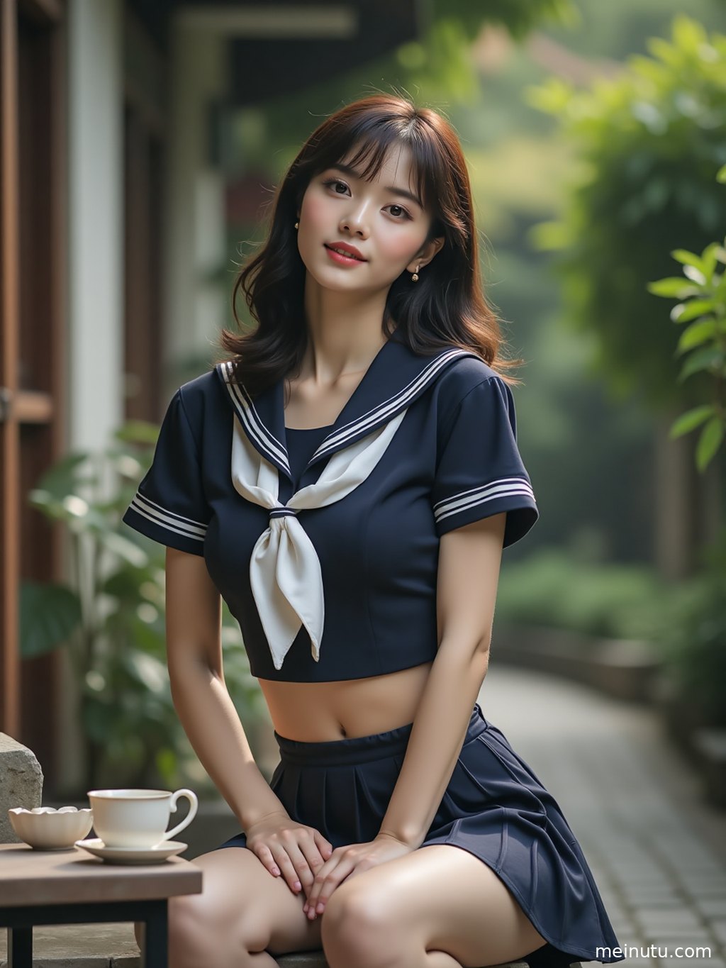 阳光透过树叶洒下斑驳光影，映衬着庭院中穿着JK制服的成年女子。