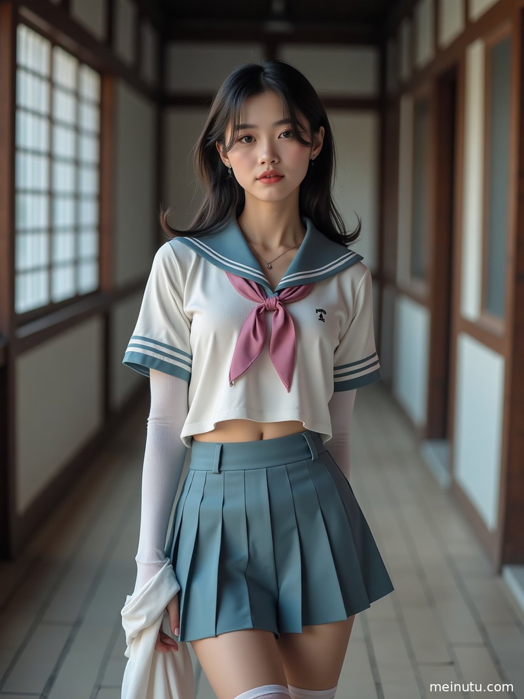 低角度拍摄，展现JK制服的裙摆在微风中轻轻摆动，充满青春气息。