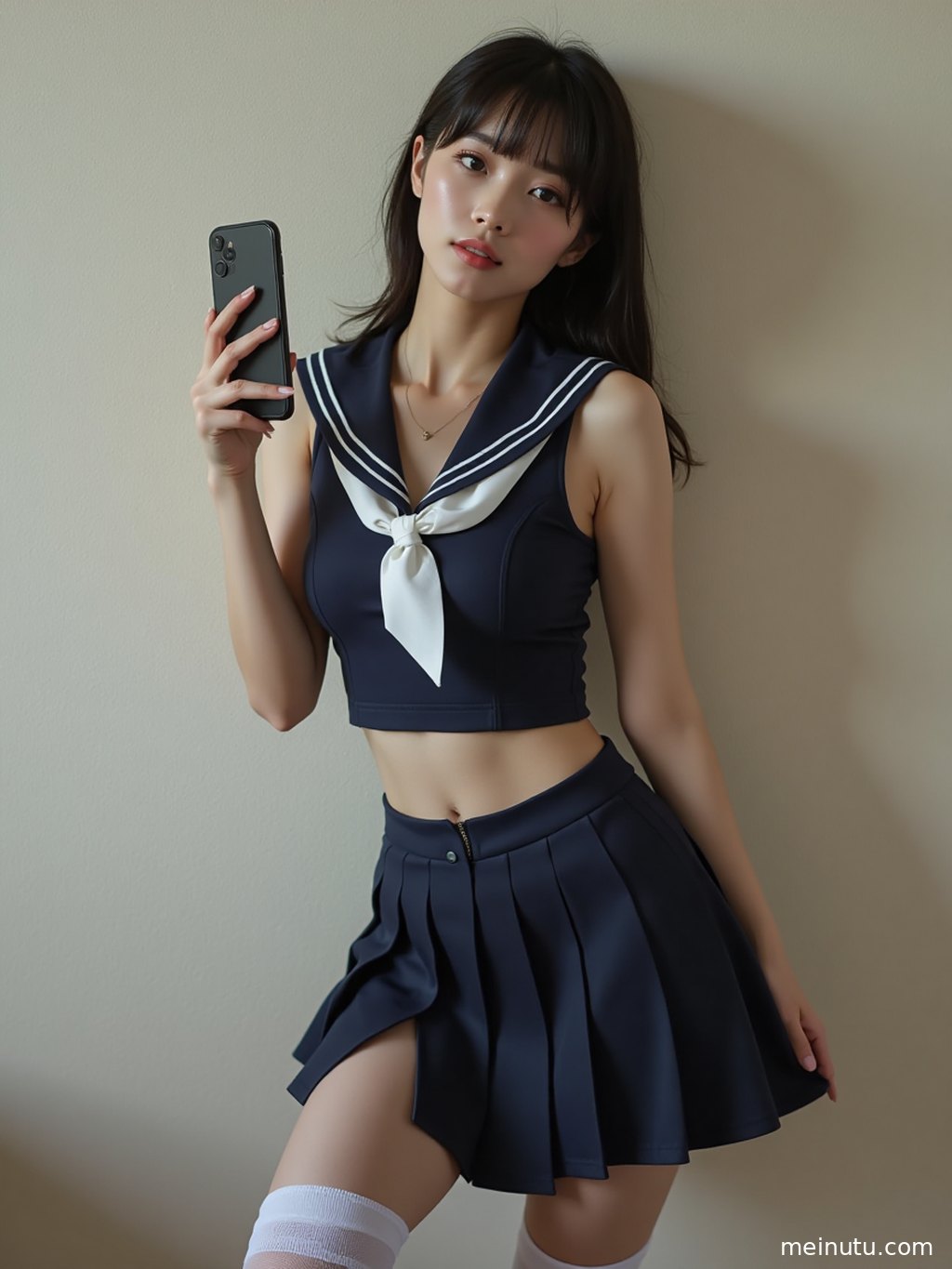 庭院一角，一位气质甜美的成年女子穿着正版JK制服，享受宁静时光。