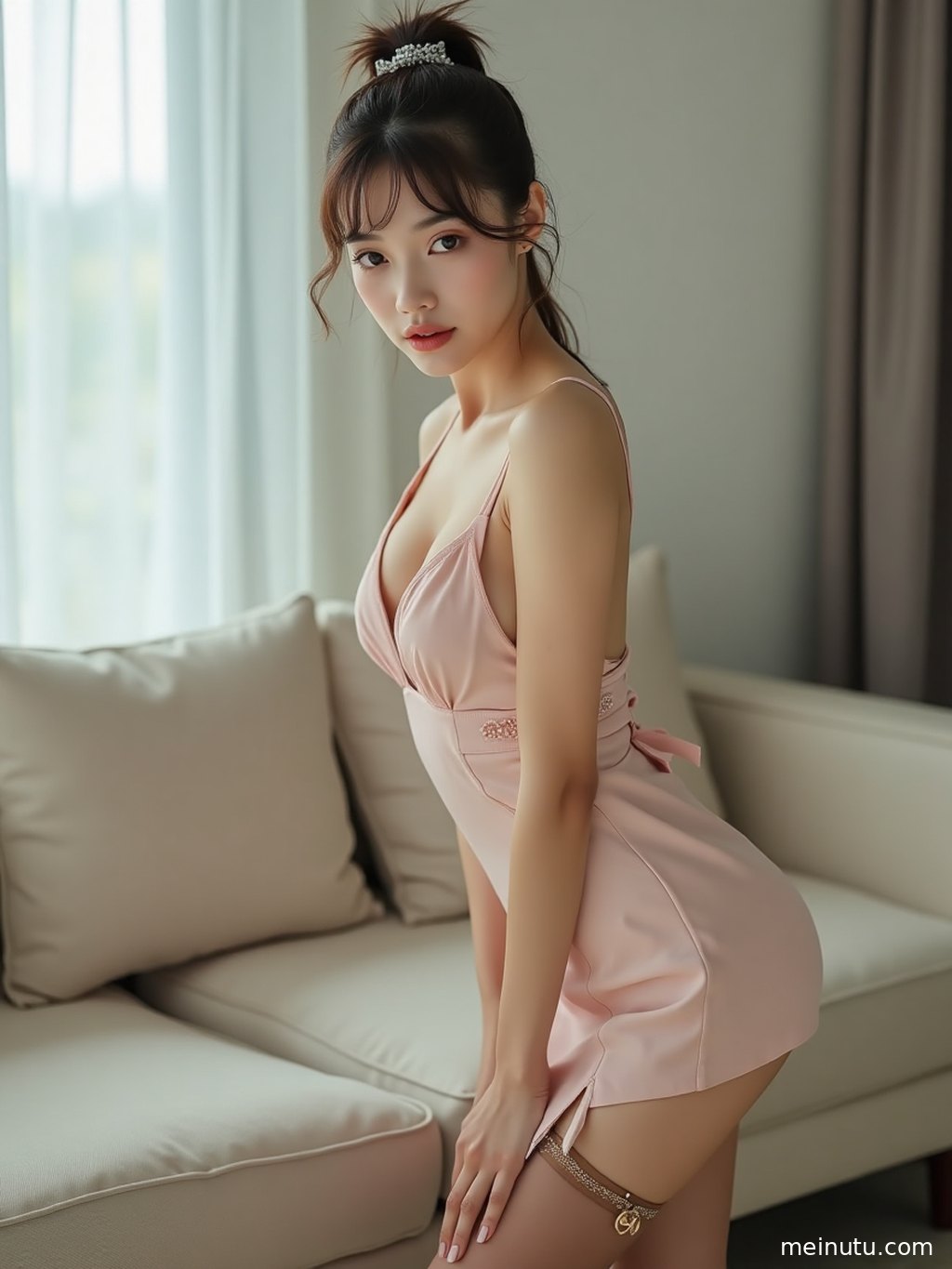 长腿美女侧身倚靠在复古走廊的墙壁上，丝袜包裹的美腿线条毕露。