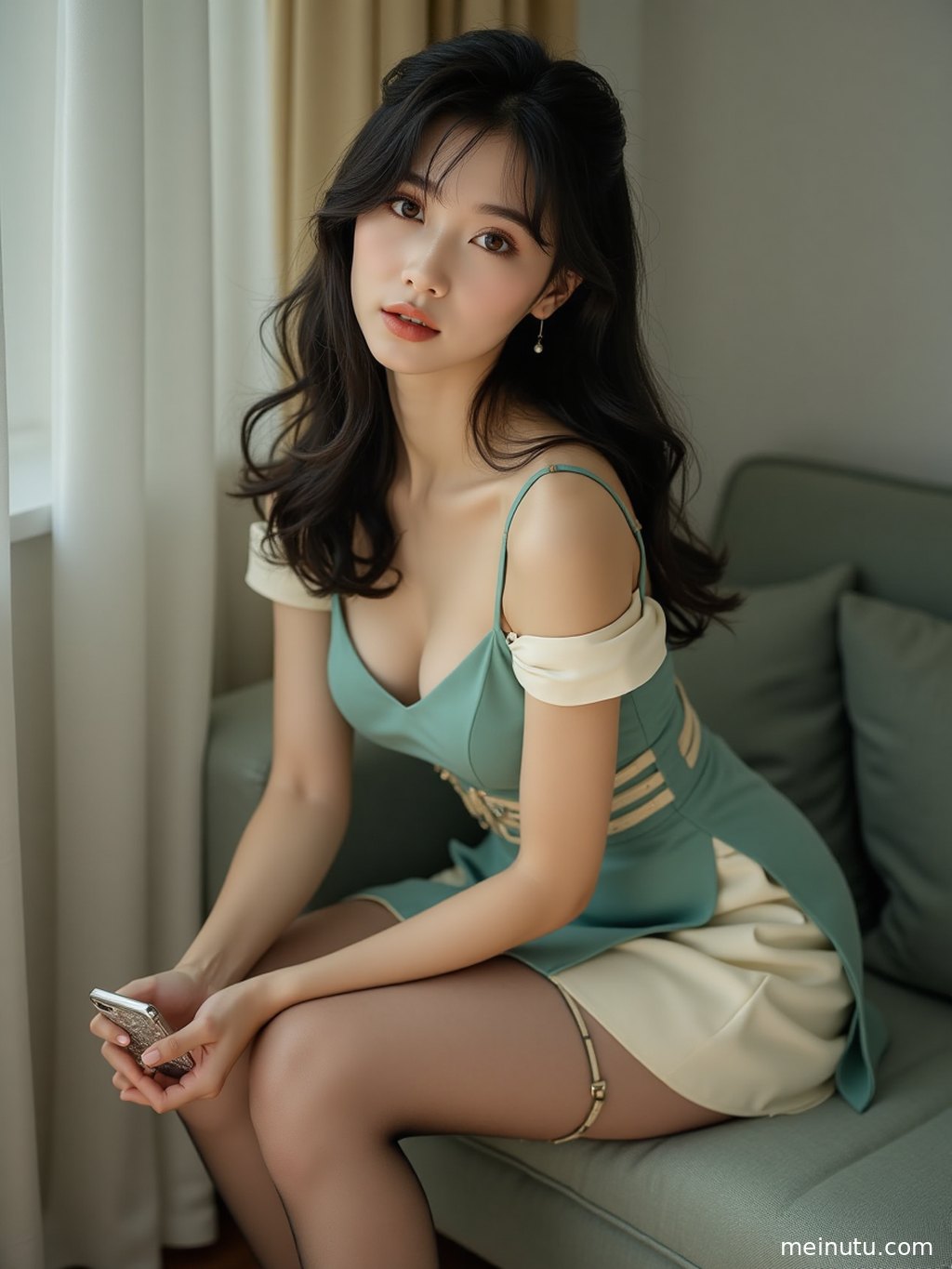 成年女性在柔和自然光下侧身回眸，展现长腿美女 复古走廊 清透高光的场景层次与光影。