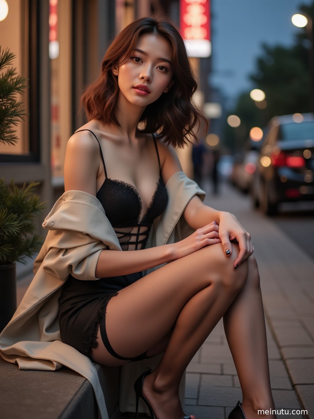 以窗外景致为背景，成年女子自信地展示着黑丝与高跟鞋的性感搭配。