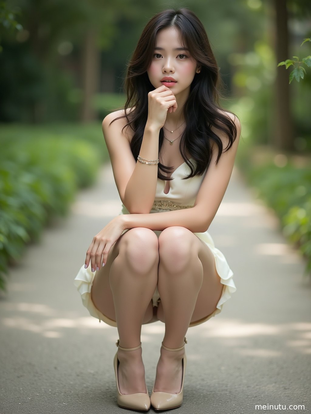 侧影展现年轻成年女性优雅地倚靠窗边，美腿丝袜在柔和光线下若隐若现。