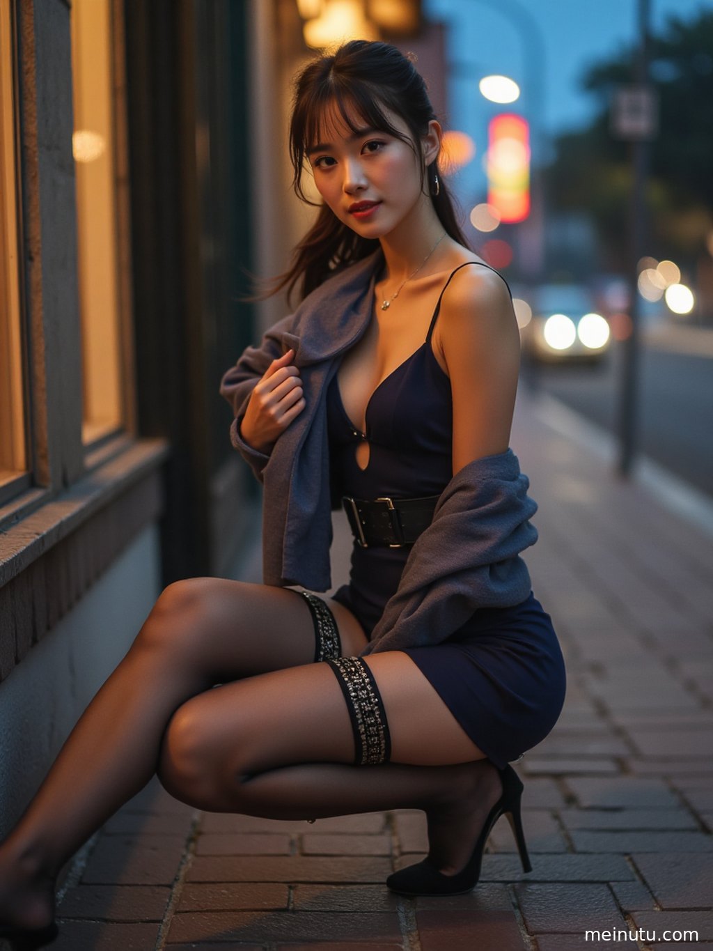 成年女性置身主题场景中，画面强调轻妆年轻 黑丝吊带袜 窗边高跟的柔和光线与高清画质。