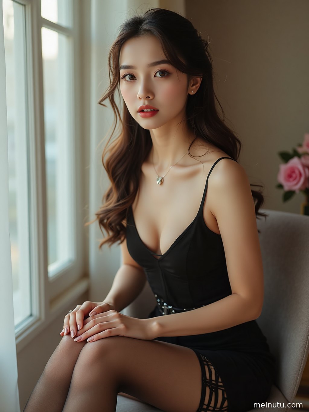花园一角，一位长腿美女倚靠在花丛旁，气质清新脱俗。