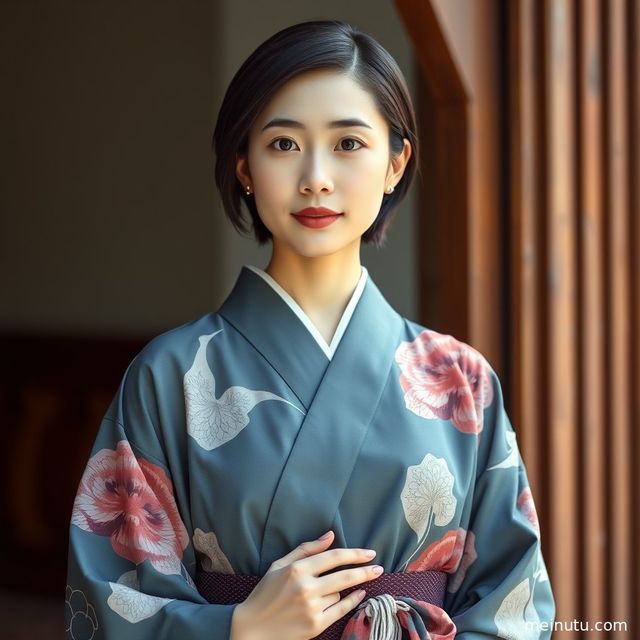 身着华美和服的成年女子，在柔和室内光下展露恬静侧颜。