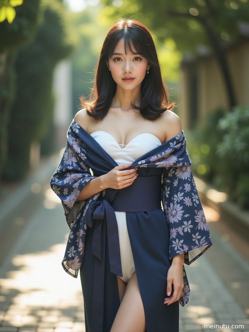 身着经典日式和服的成年女子，在极简棚内沐浴自然光，气质温婉。