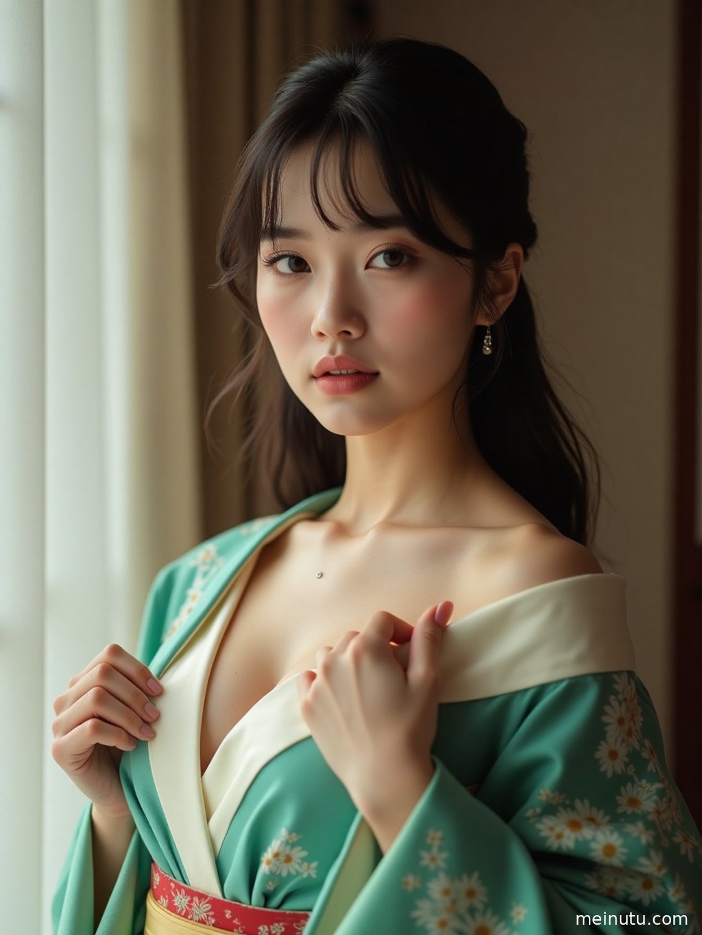成年女子侧身站立，利用自然光勾勒出和服的优雅廓形。