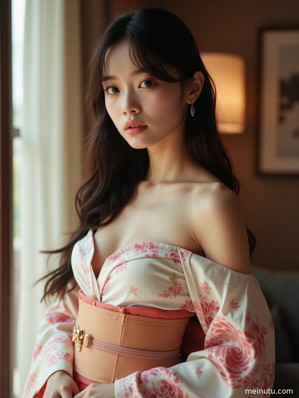 远景构图，展现成年女子与极简背景的和谐统一，意境深远。