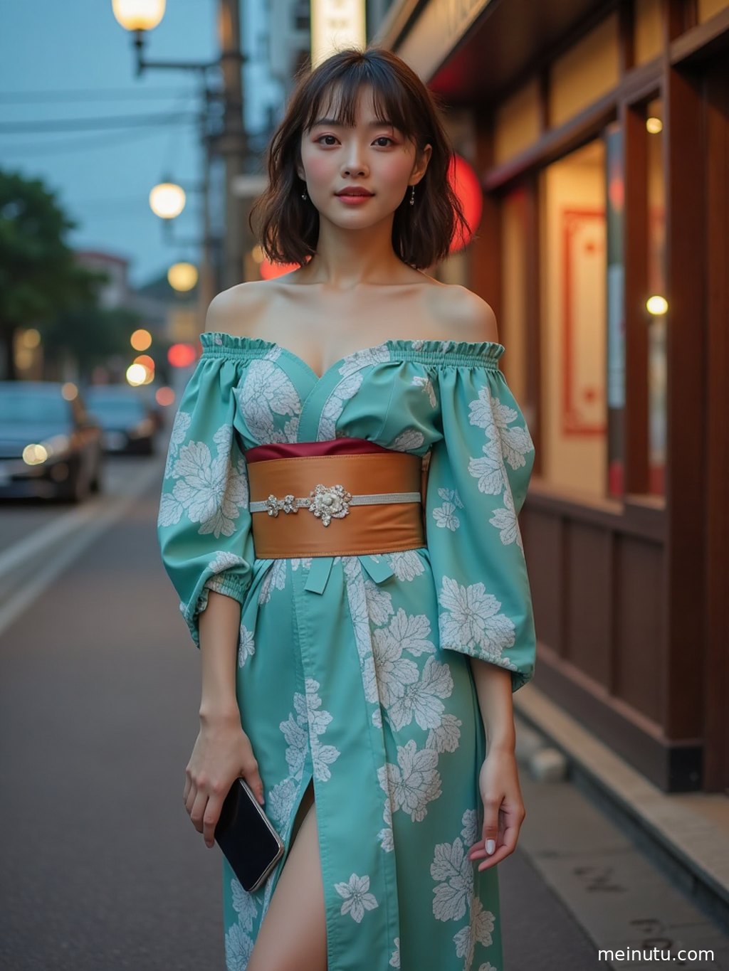远景展现成年女性在静谧花园中的身影，和服的色彩与自然景致和谐统一，光线清澈。