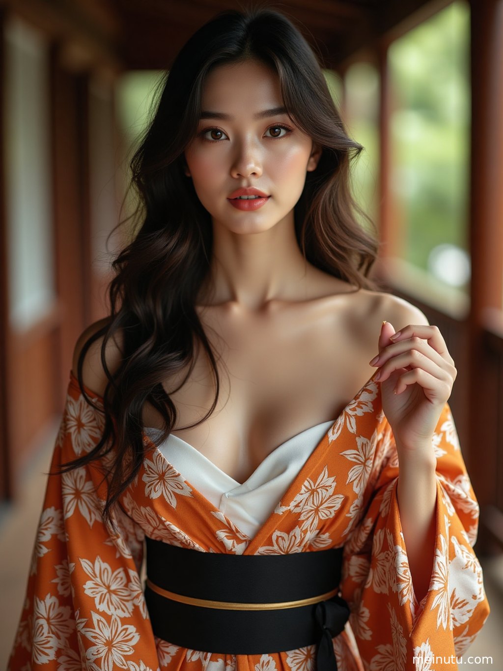 庭院柔和逆光下，身着华丽振袖的成年女子，展现日本和服的典雅之美。