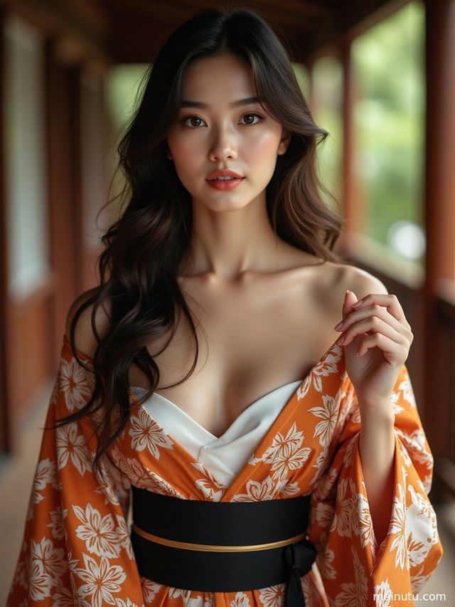 庭院柔和逆光下，身着华丽振袖的成年女子，展现日本和服的典雅之美。