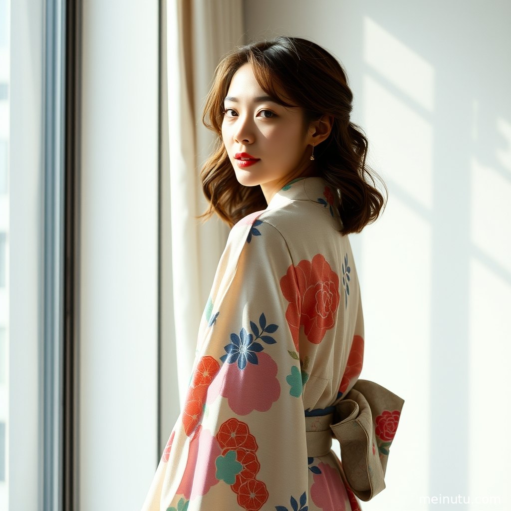 特写镜头下，和服的精美图案与成年女子优雅的颈部线条。