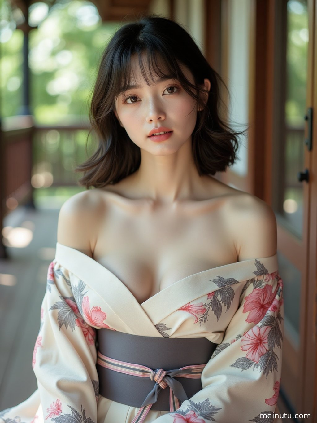 一位年轻成年女子身着传统和服，在洒满阳光的花园小径上漫步，电影般的柔和光线勾勒出优雅身姿。