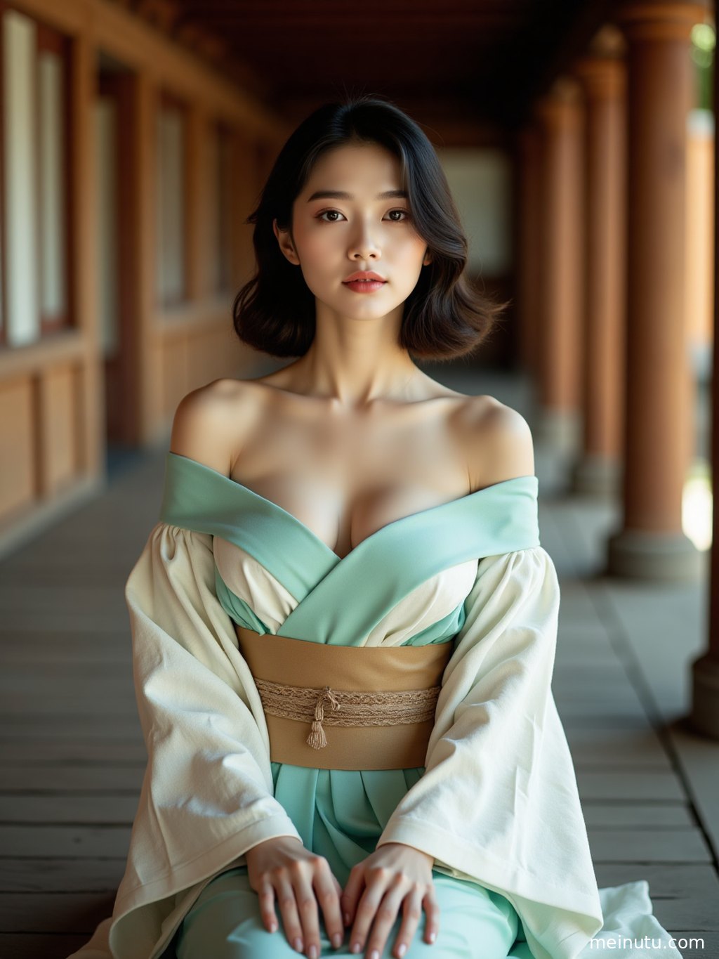 以三分法构图展示，和服女子优雅地倚靠在复古走廊的墙壁上，展现侧颜之美。
