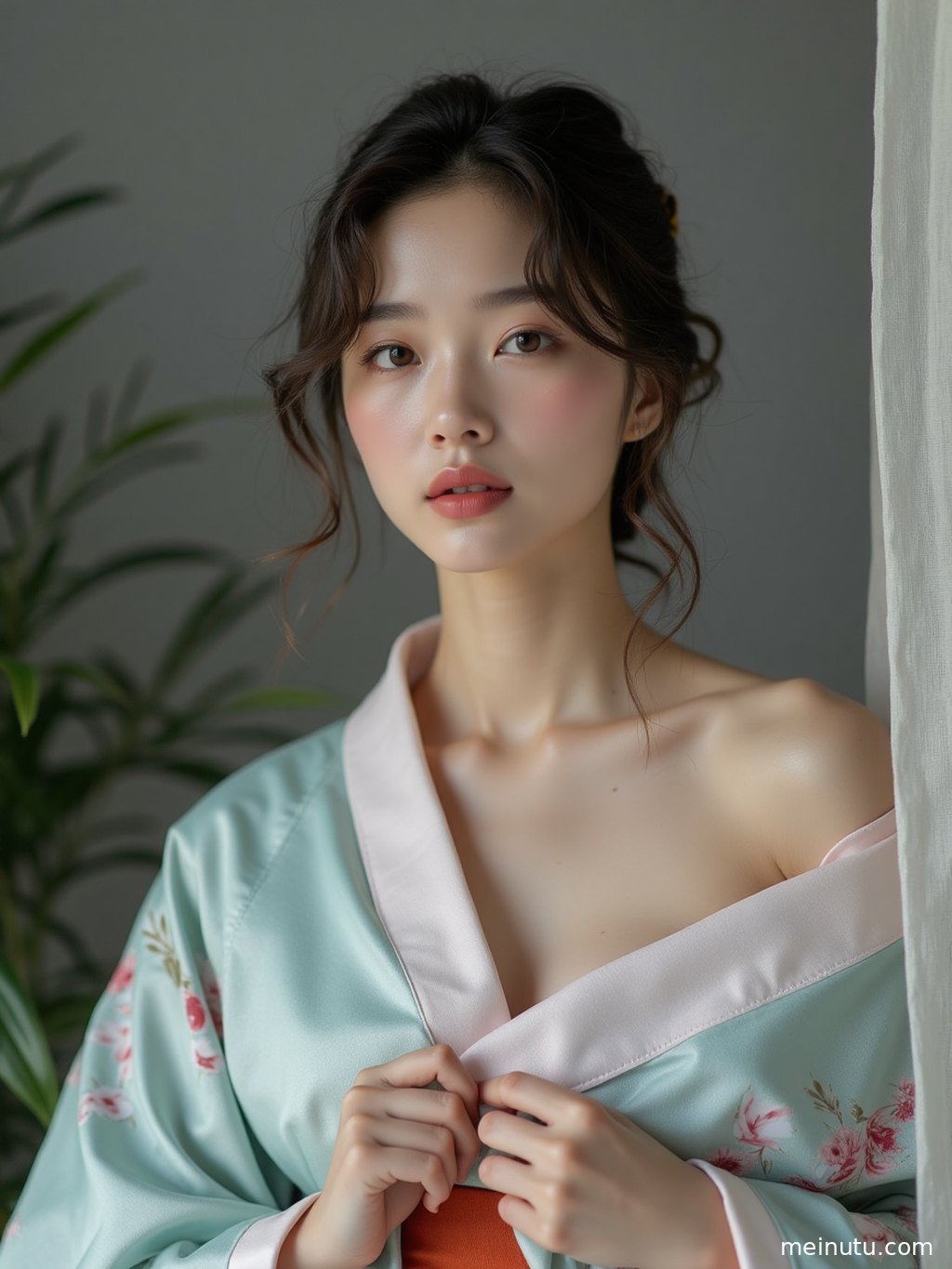 日本和服写真特写，捕捉光影在和服细节和人物面部上的细腻表现。