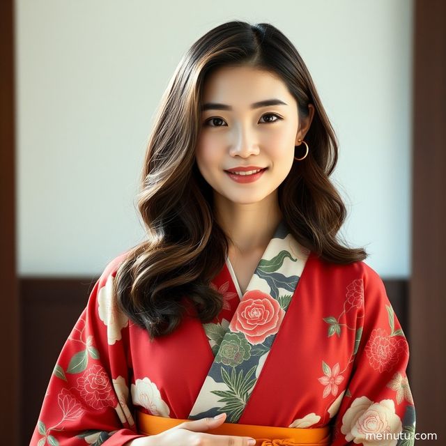 一位成年女性身穿粉色樱花图案和服，在黄昏的暖色侧光下回眸。