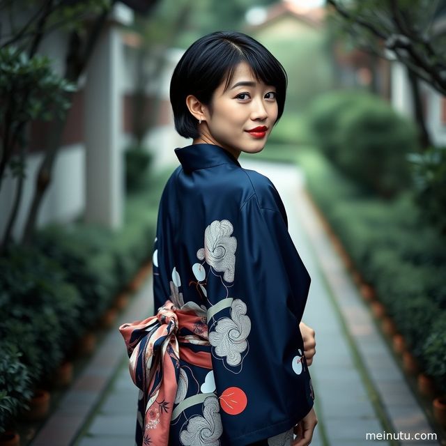 一位成年女性身着素雅浴衣，在晨光中静静伫立，展现和服的细腻纹理。