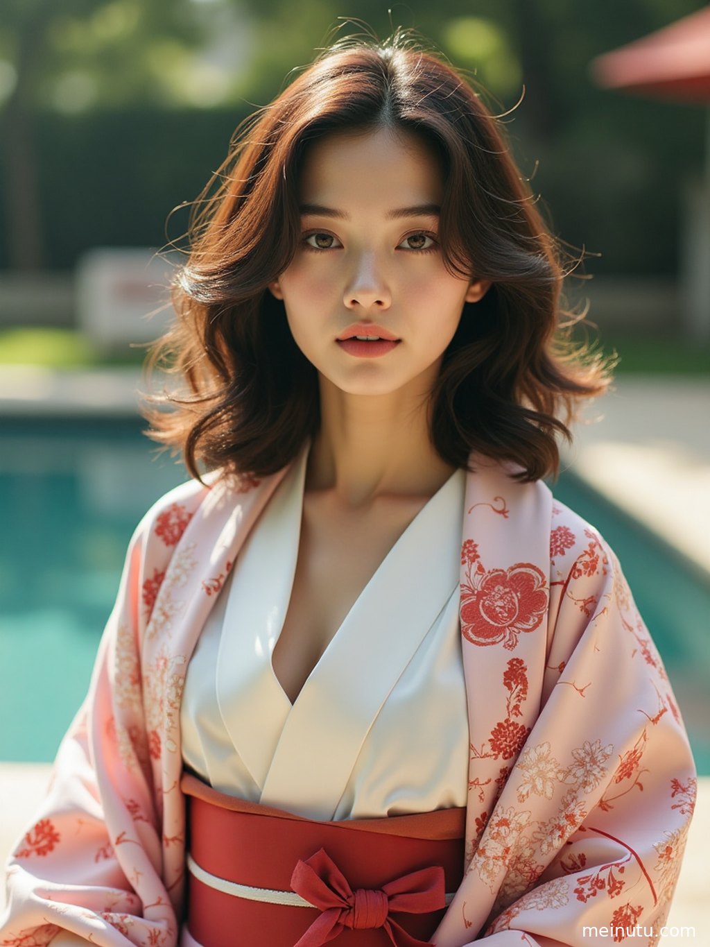 An adult woman in a luxurious furisode kimono stands gracefully in a Japanese garden featuring a detailed karesansui (dry landscape) design.