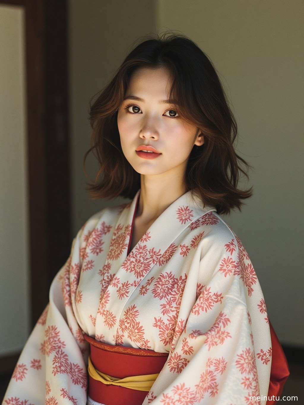 An adult woman in a simple, elegant kimono turns to look back under an ancient wooden corridor, her eyes conveying tranquility.