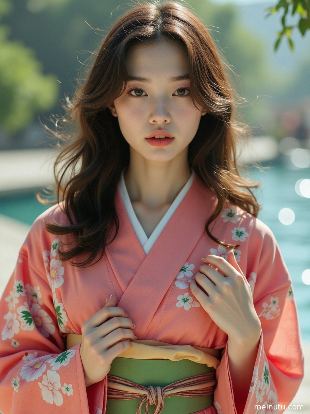 Maple leaves in the garden create a vibrant, poetic scene alongside an adult woman dressed in a kimono.