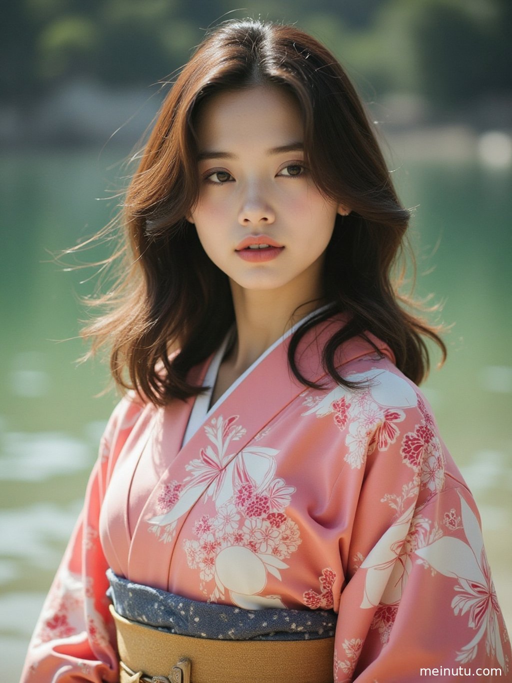 As the evening sun casts a warm glow on the garden's stone lanterns, an adult woman in a kimono contemplates in the serene setting.