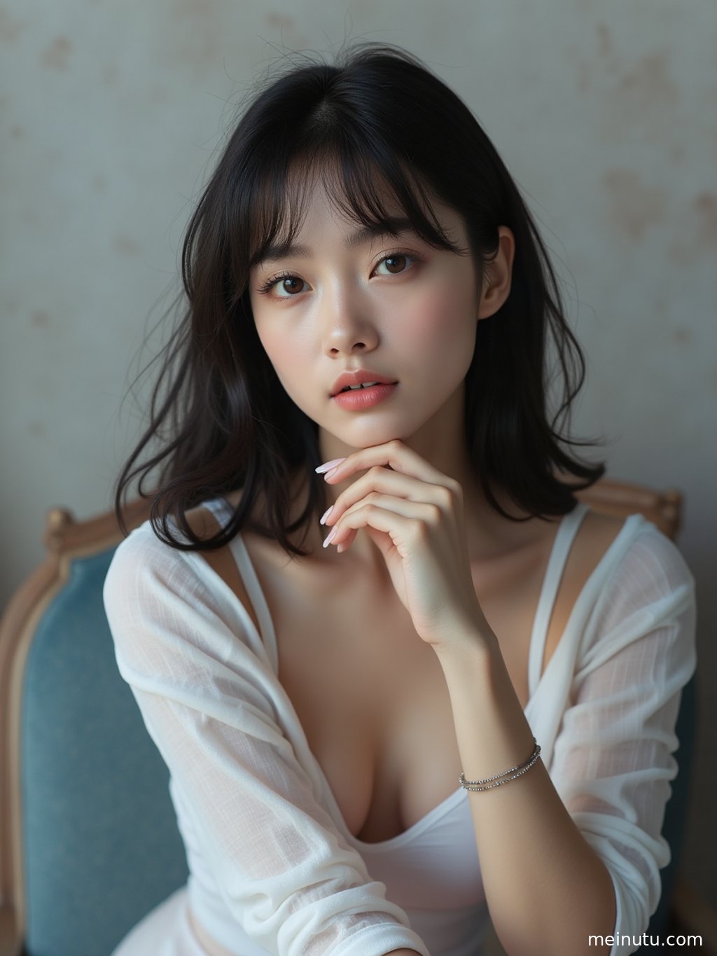 高清棚拍壁纸，自然光下的成年女子散发宁静魅力。